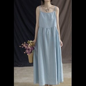 Linen oversized apron maxi dress in light blue